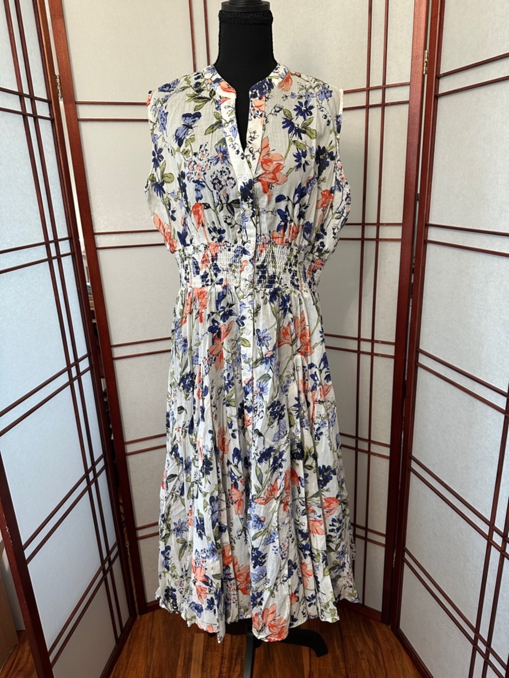 Floral Smocked Waist Midi Dress - White with Blue & Coral Floral